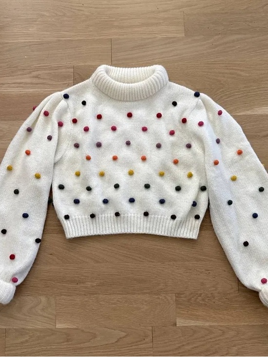 FARM Rio Sweaters - White Polka Dot Knit Sweater - Multicolor Pom Detail
